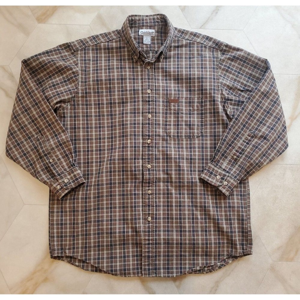 Carhartt Heavyweight Flannel Shirt Men’s Large Brown Red Plaid Casual Workwear